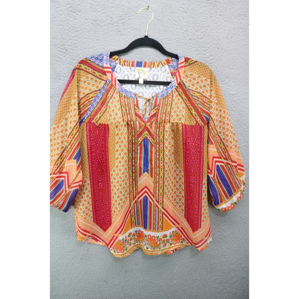 Fig & Flower 3/4 Puff Sleeves Silky Lace Tunic-Medium-Boho-Cottagecore
